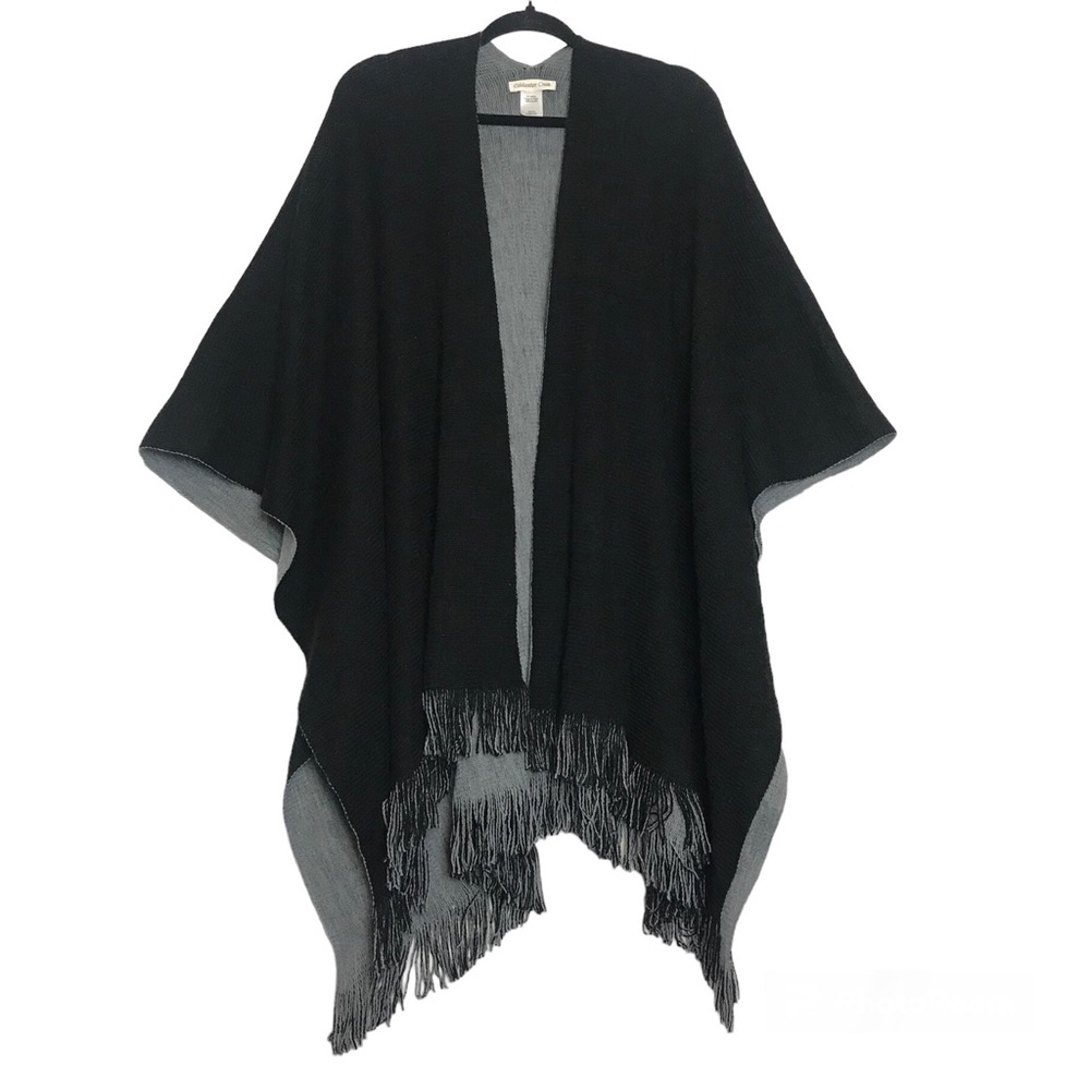 Coldwater Creek Poncho Women Sz OS Black Gray Reversible Open Front Fringe Boho
